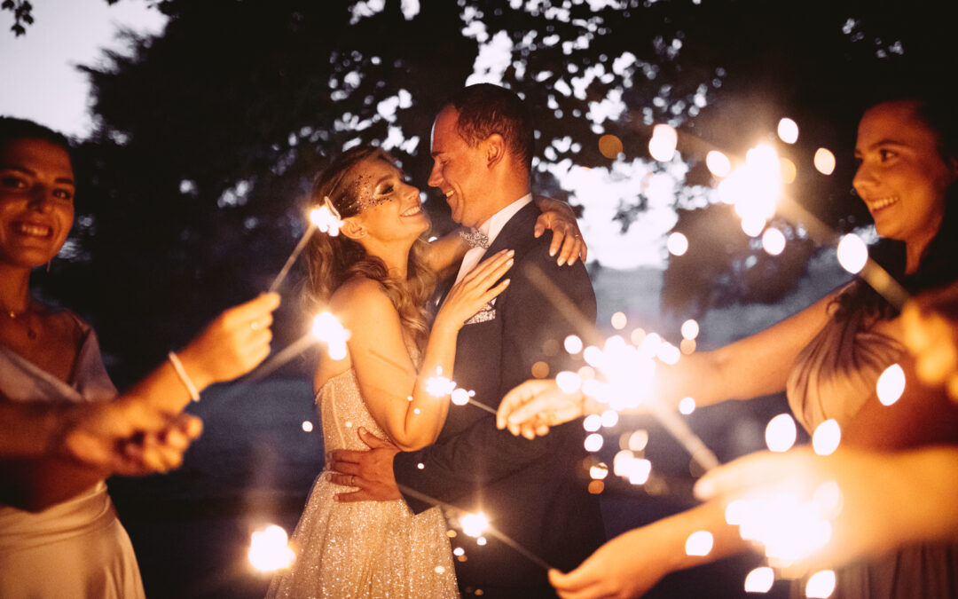bride and groom fireworks new year couple bridesmaids glitters wedding
