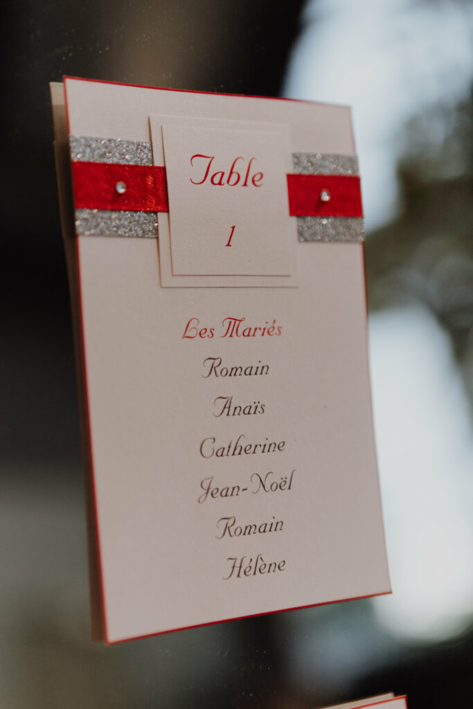 plan de table mariage rouge, blanc et argent
