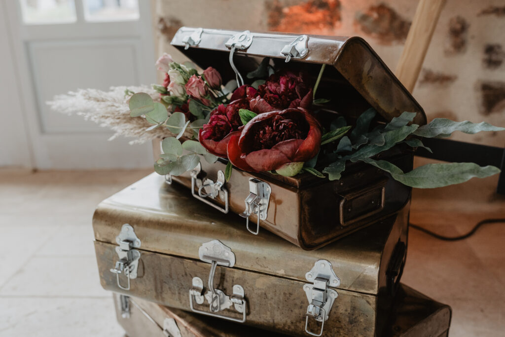 valise, voyage, fleurs,