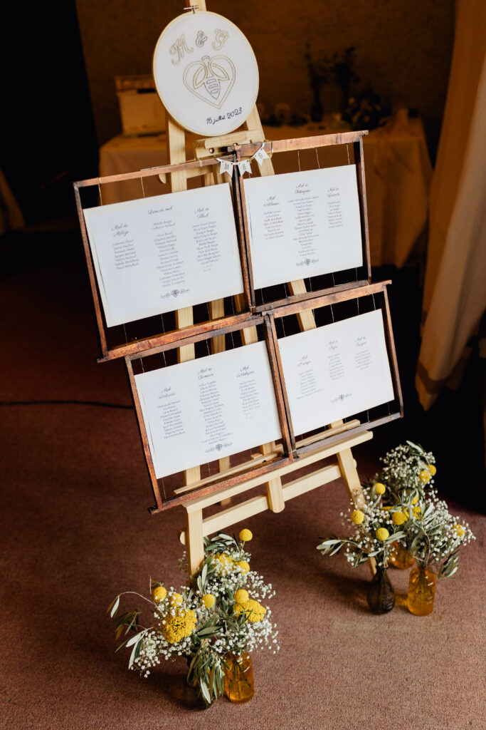 plan de table, miel, original, jaune, thème de mariage