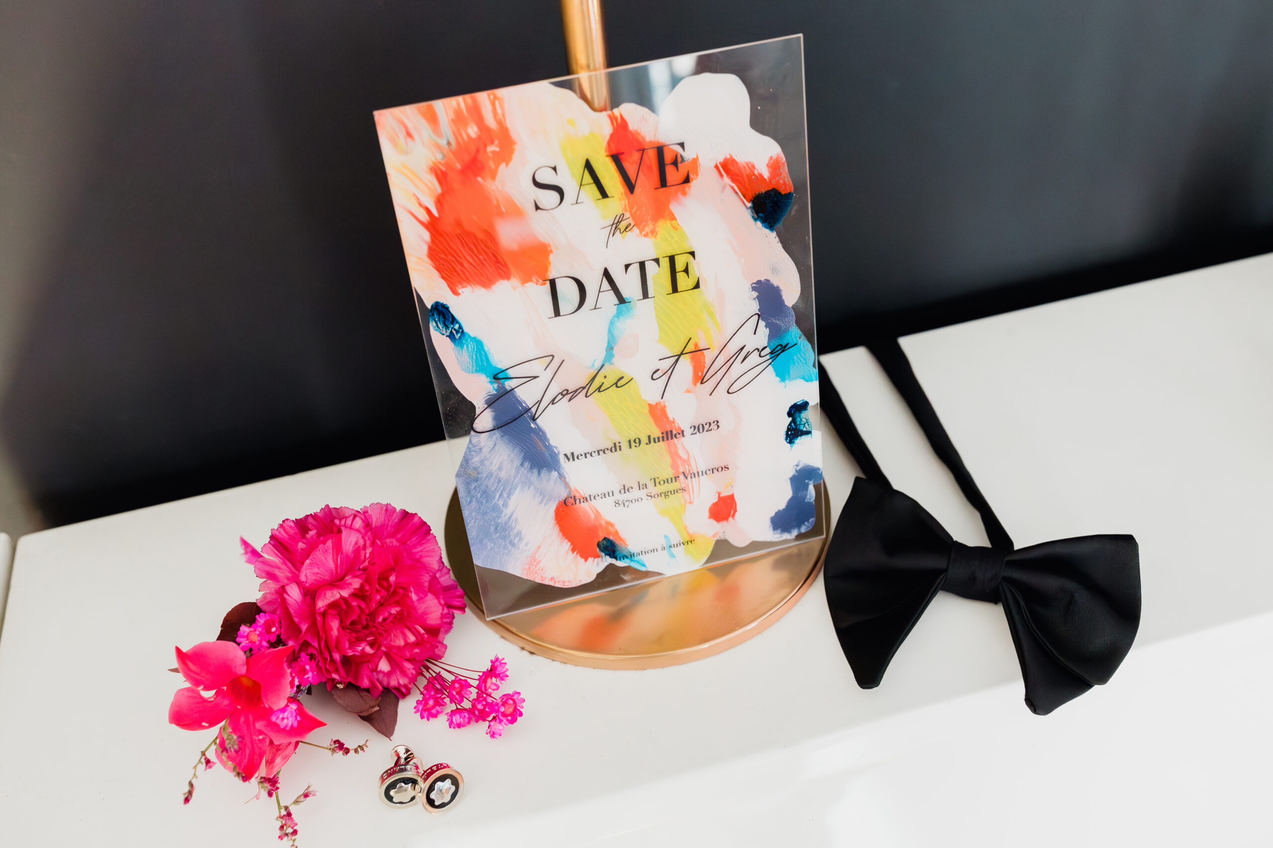 save the date, plexi, couleur, annonce mariage, coloré, fun, noeud papillon