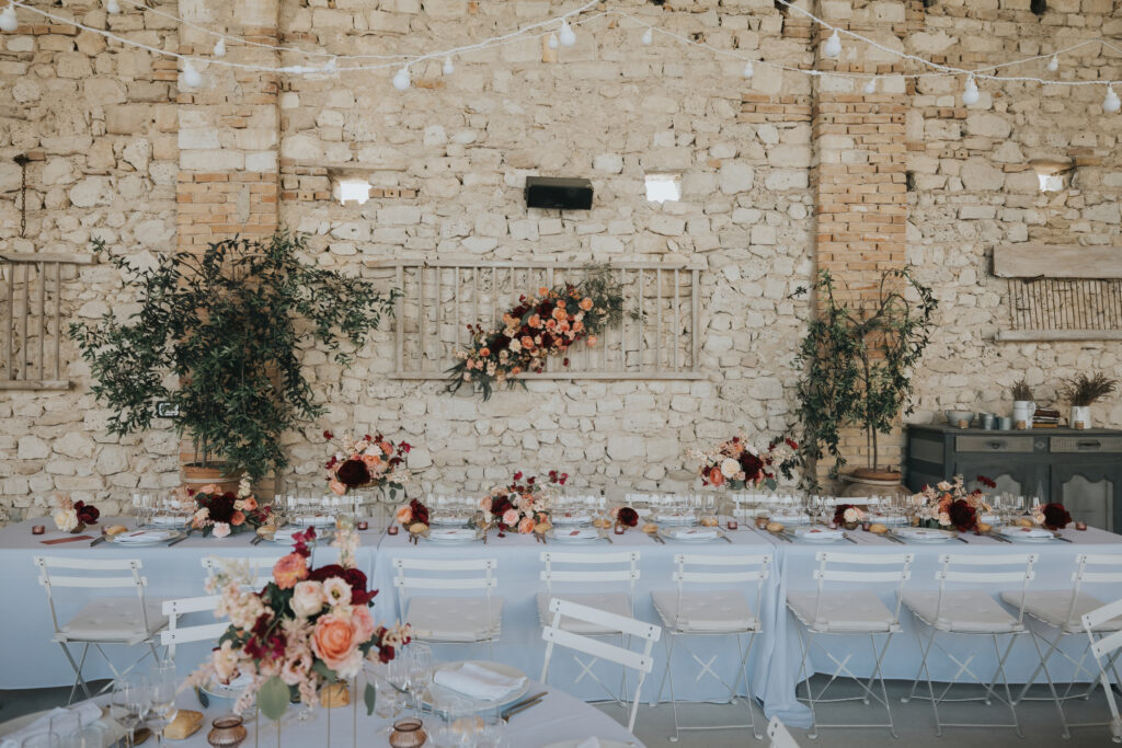 Table, décoration, mariage, fleur, ferme, lieu de réception