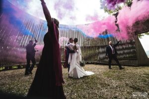 célébration, fumée de couleur, mariés