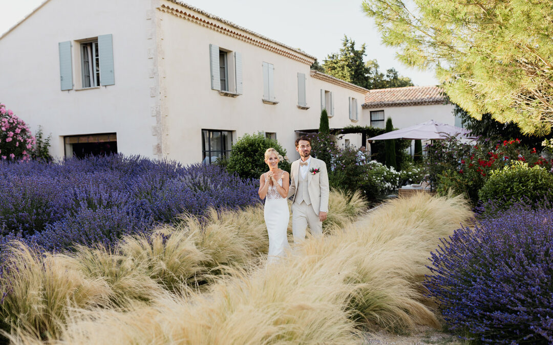 Marié, mariée, couple, mariage, lavande