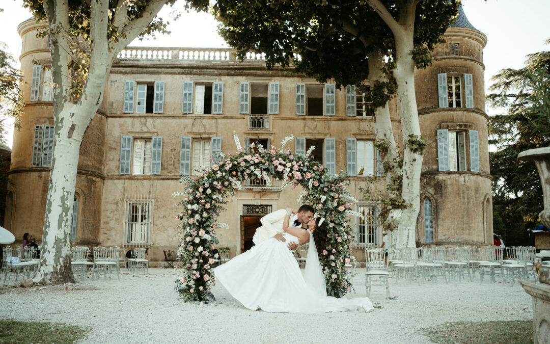 Couple, arche de mariage, chateau, lieux de réception, robe princesse, costume blanc