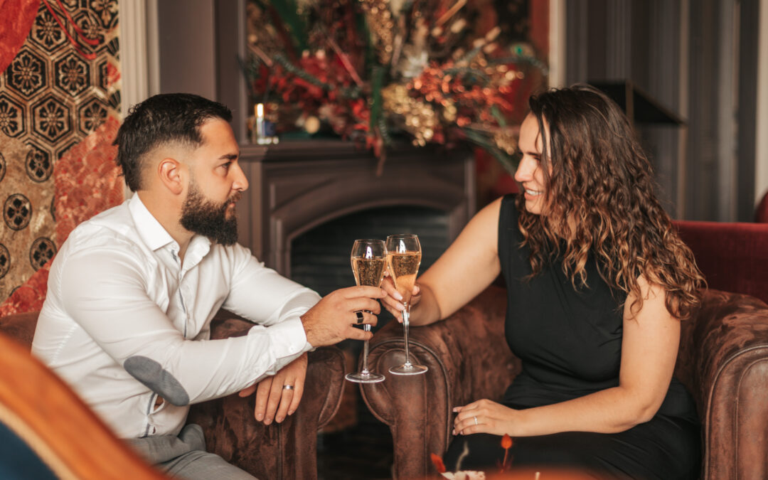 Champagne, séance engagement, demande en mariage, vue lac, bar d'hotel, shooting hotel, proposal
