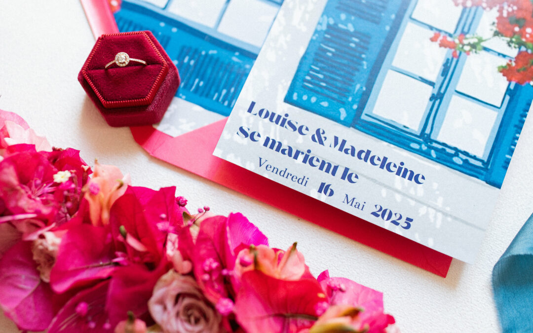 papeterie, faire part, bague, mariage, fleurs, rose, bleu